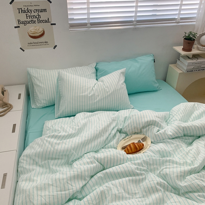 91家纺网 家纺一手货源 找家纺 柚可家居 2024新款40支全棉色织水洗棉单品系列-四件套 蓝竖条