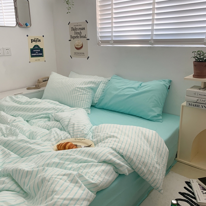 91家纺网 家纺一手货源 找家纺 柚可家居 2024新款40支全棉色织水洗棉单品系列-四件套 蓝竖条