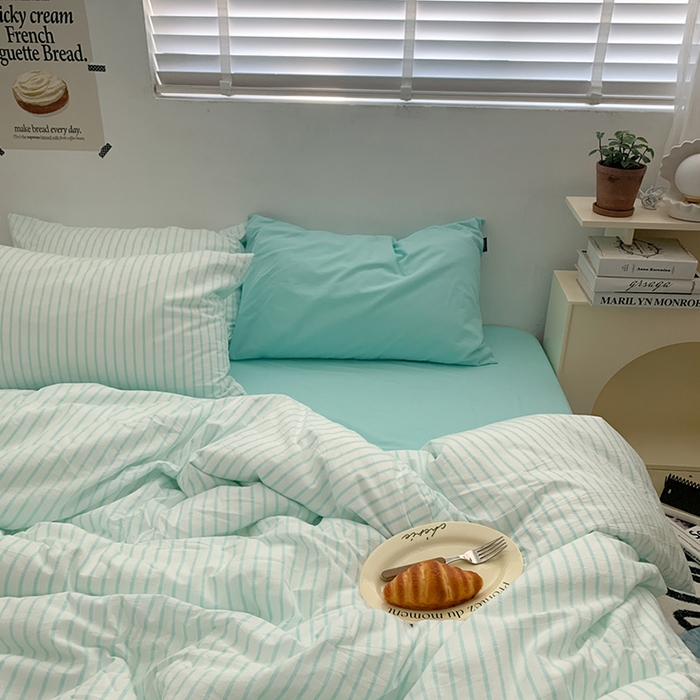 91家纺网 家纺一手货源 找家纺 柚可家居 2024新款40支全棉色织水洗棉单品系列-四件套 蓝竖条