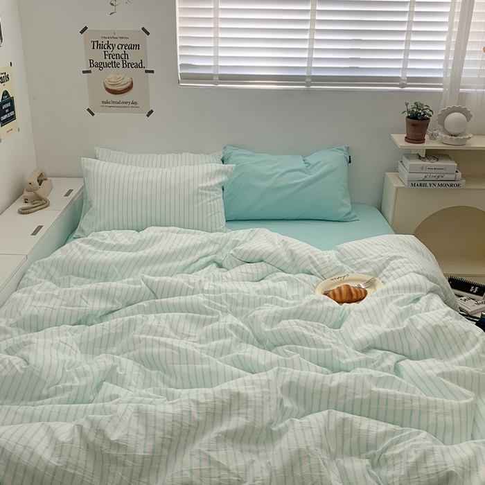 91家纺网 家纺一手货源 找家纺 柚可家居 2024新款40支全棉色织水洗棉单品系列-四件套 蓝竖条