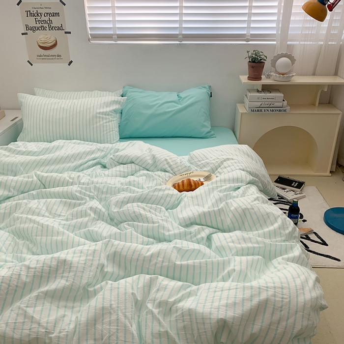 91家纺网 家纺一手货源 找家纺 柚可家居 2024新款40支全棉色织水洗棉单品系列-四件套 蓝竖条