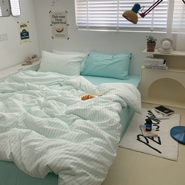 91家纺网 家纺一手货源 找家纺 柚可家居 2024新款40支全棉色织水洗棉单品系列-四件套 蓝竖条