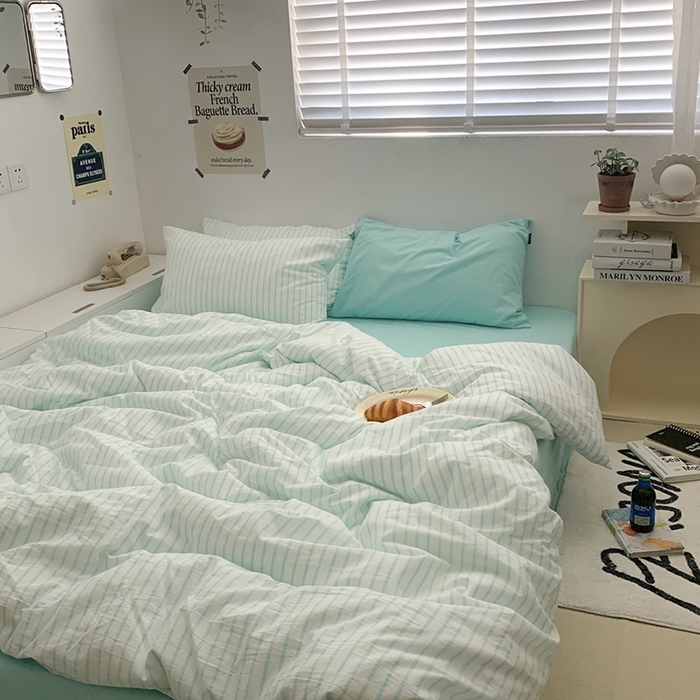 91家纺网 家纺一手货源 找家纺 柚可家居 2024新款40支全棉色织水洗棉单品系列-四件套 蓝竖条