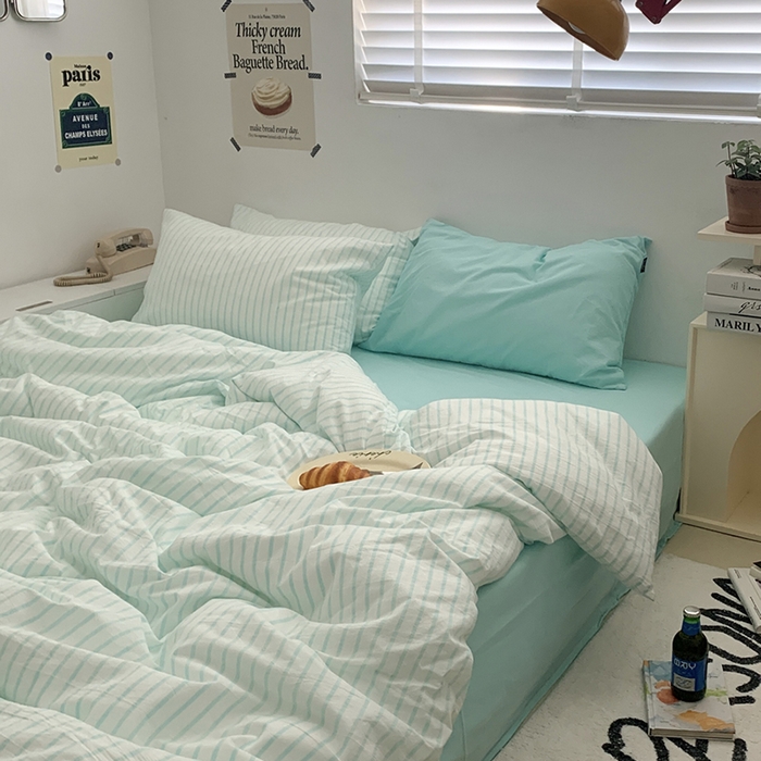 91家纺网 家纺一手货源 找家纺 柚可家居 2024新款40支全棉色织水洗棉单品系列-四件套 蓝竖条