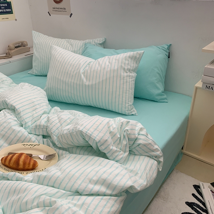 91家纺网 家纺一手货源 找家纺 柚可家居 2024新款40支全棉色织水洗棉单品系列-四件套 蓝竖条