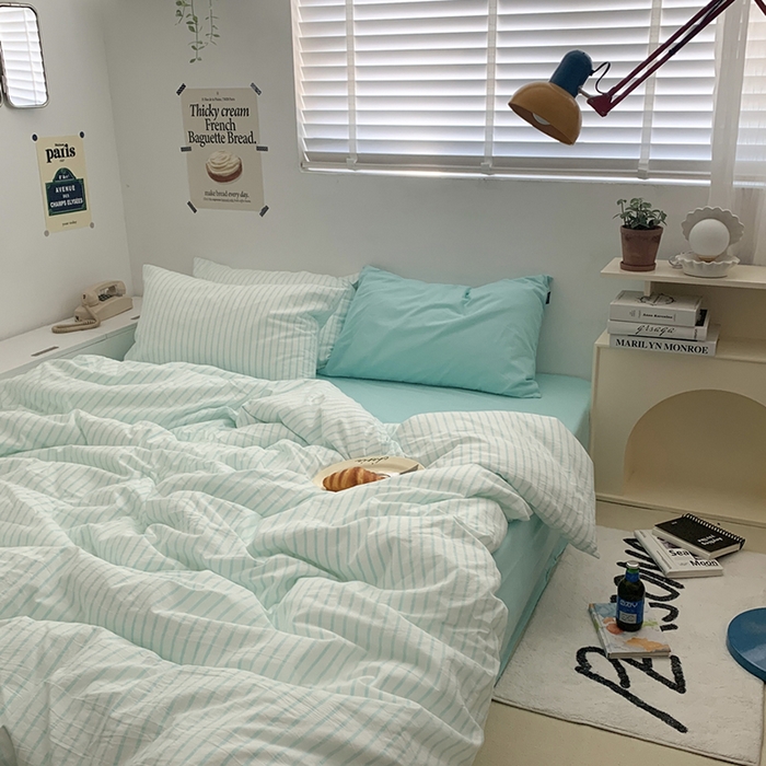 91家纺网 家纺一手货源 找家纺 柚可家居 2024新款40支全棉色织水洗棉单品系列-四件套 蓝竖条