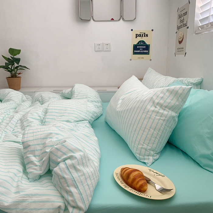 91家纺网 家纺一手货源 找家纺 柚可家居 2024新款40支全棉色织水洗棉单品系列-四件套 蓝竖条