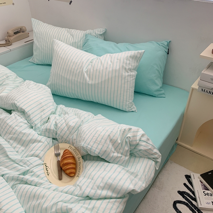 91家纺网 家纺一手货源 找家纺 柚可家居 2024新款40支全棉色织水洗棉单品系列-四件套 蓝竖条