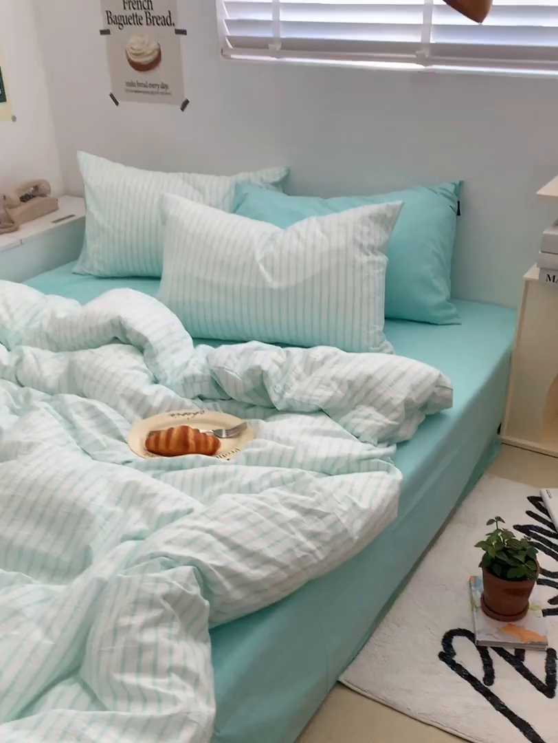 91家纺网 家纺一手货源 找家纺 柚可家居 2024新款40支全棉色织水洗棉单品系列-四件套 蓝竖条