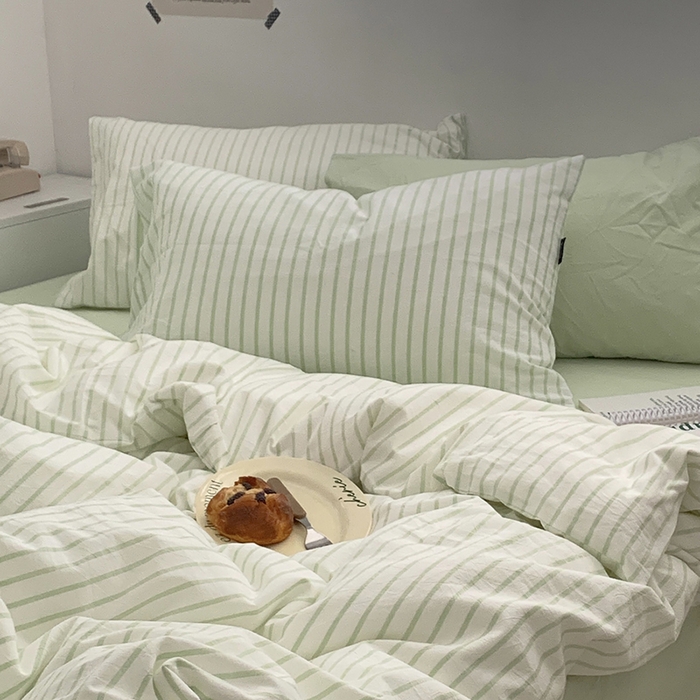 91家纺网 家纺一手货源 找家纺 柚可家居 2024新款40支全棉色织水洗棉单品系列-四件套 绿竖条纹