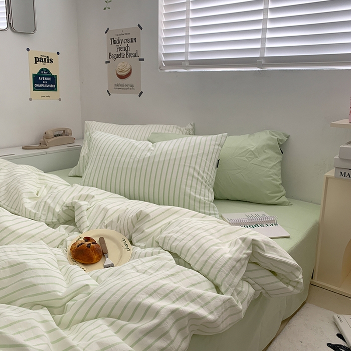 91家纺网 家纺一手货源 找家纺 柚可家居 2024新款40支全棉色织水洗棉单品系列-四件套 绿竖条纹