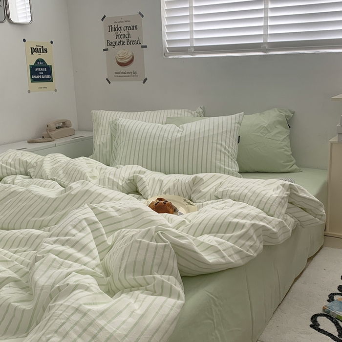 91家纺网 家纺一手货源 找家纺 柚可家居 2024新款40支全棉色织水洗棉单品系列-四件套 绿竖条纹