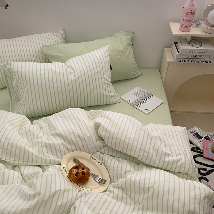 91家纺网 家纺一手货源 找家纺 柚可家居 2024新款40支全棉色织水洗棉单品系列-四件套 绿竖条纹