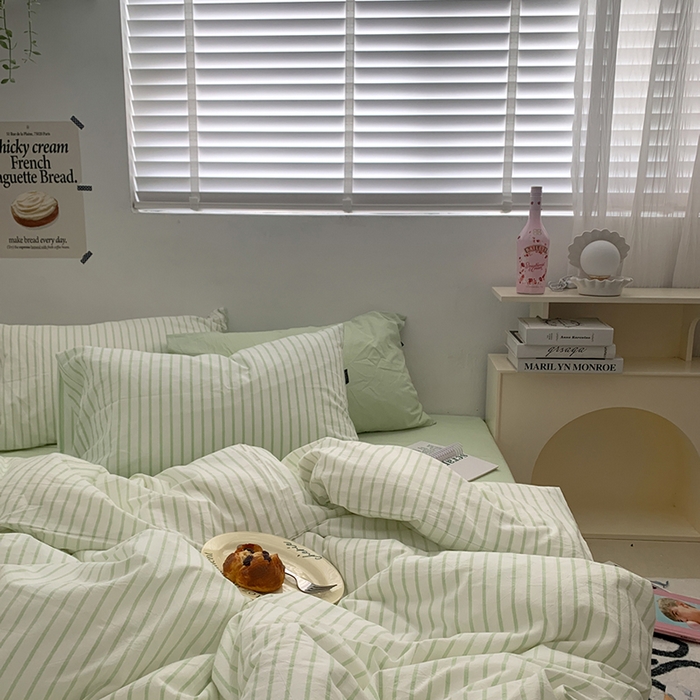 91家纺网 家纺一手货源 找家纺 柚可家居 2024新款40支全棉色织水洗棉单品系列-四件套 绿竖条纹