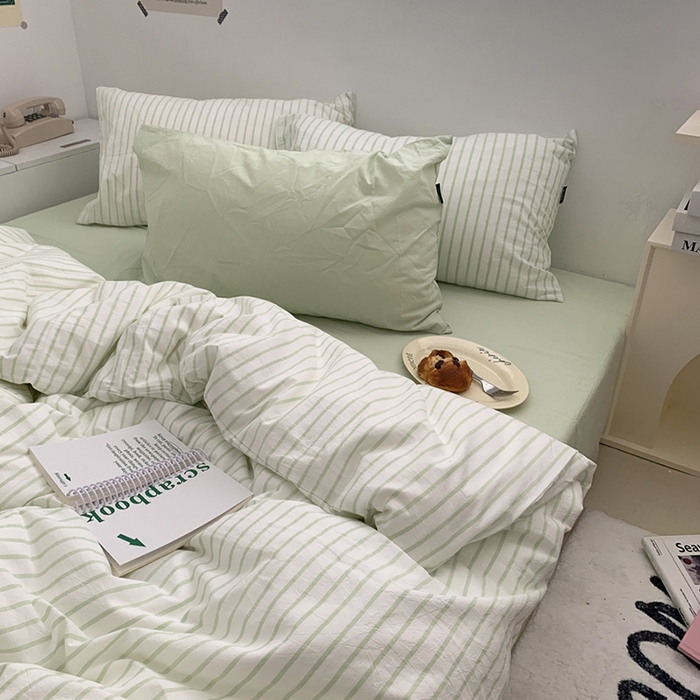 91家纺网 家纺一手货源 找家纺 柚可家居 2024新款40支全棉色织水洗棉单品系列-四件套 绿竖条纹