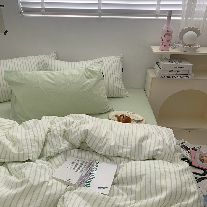 91家纺网 家纺一手货源 找家纺 柚可家居 2024新款40支全棉色织水洗棉单品系列-四件套 绿竖条纹