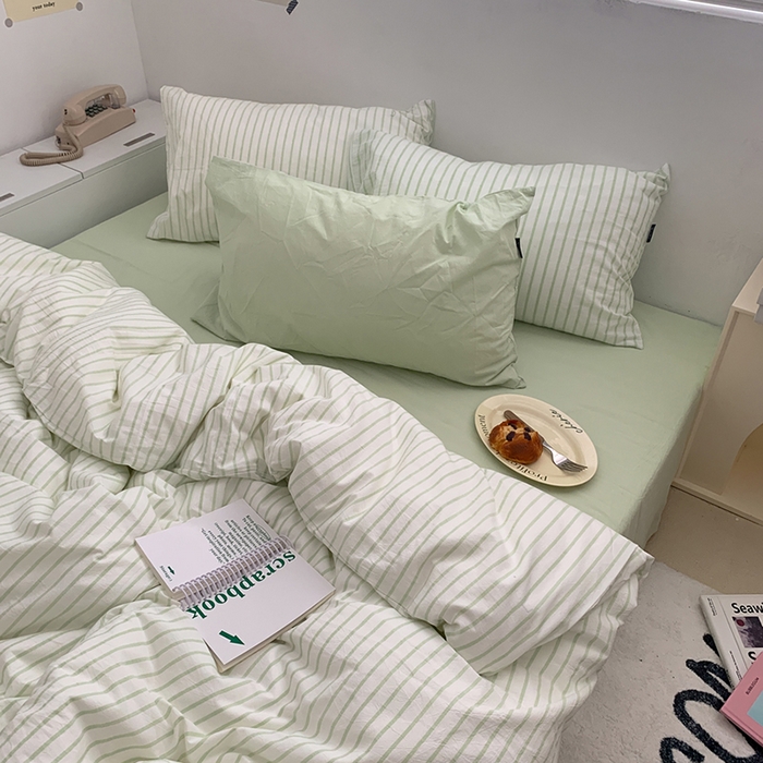 91家纺网 家纺一手货源 找家纺 柚可家居 2024新款40支全棉色织水洗棉单品系列-四件套 绿竖条纹