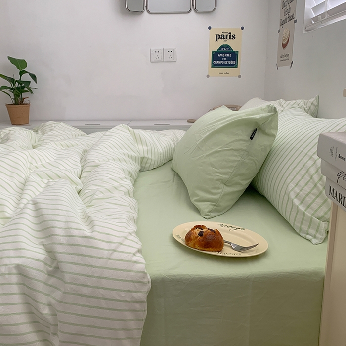 91家纺网 家纺一手货源 找家纺 柚可家居 2024新款40支全棉色织水洗棉单品系列-四件套 绿竖条纹