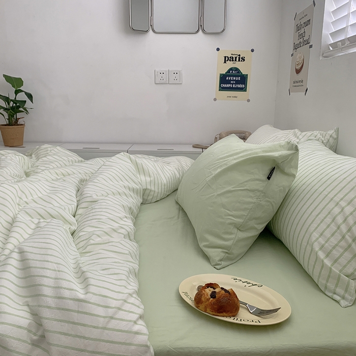 91家纺网 家纺一手货源 找家纺 柚可家居 2024新款40支全棉色织水洗棉单品系列-四件套 绿竖条纹