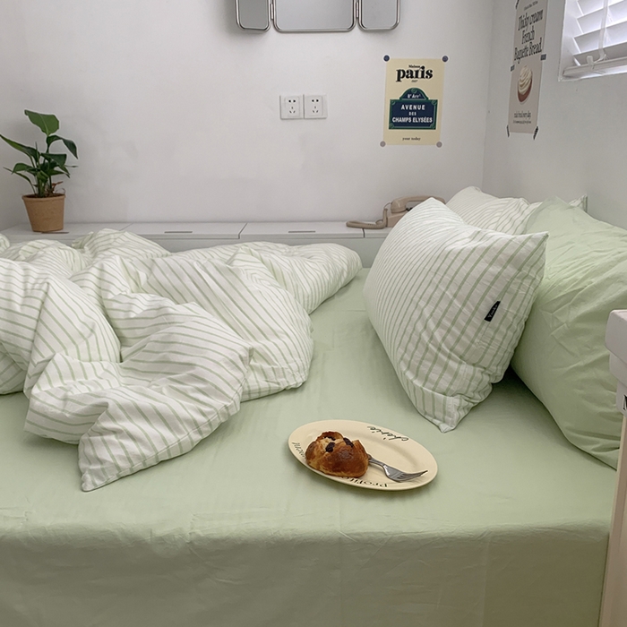 91家纺网 家纺一手货源 找家纺 柚可家居 2024新款40支全棉色织水洗棉单品系列-四件套 绿竖条纹