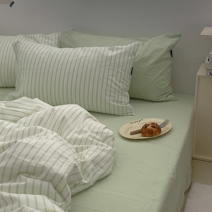 91家纺网 家纺一手货源 找家纺 柚可家居 2024新款40支全棉色织水洗棉单品系列-四件套 绿竖条纹