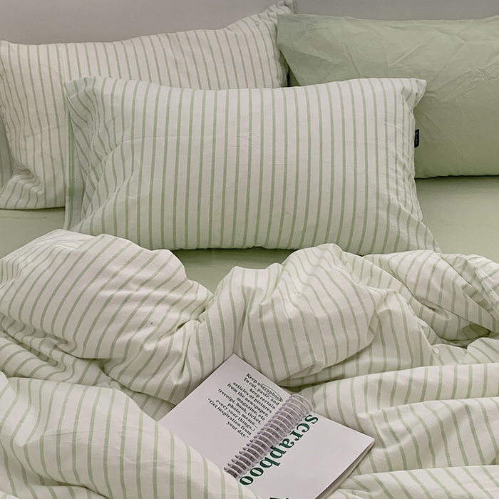 91家纺网 家纺一手货源 找家纺 柚可家居 2024新款40支全棉色织水洗棉单品系列-四件套 绿竖条纹