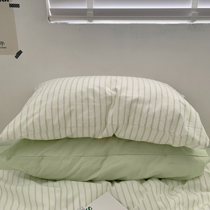 91家纺网 家纺一手货源 找家纺 柚可家居 2024新款40支全棉色织水洗棉单品系列-四件套 绿竖条纹