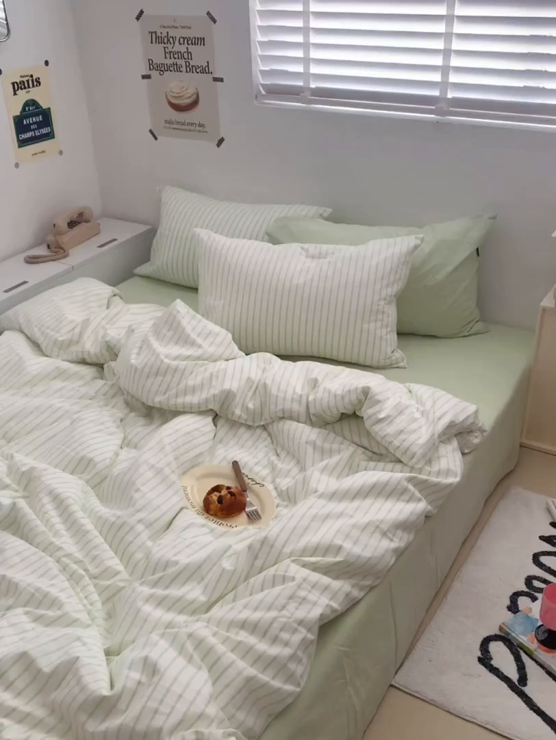 91家纺网 家纺一手货源 找家纺 柚可家居 2024新款40支全棉色织水洗棉单品系列-四件套 绿竖条纹