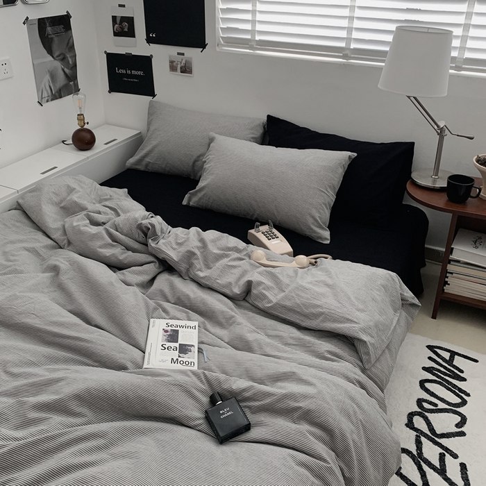 柚可家居 2024新款40支全棉色织水洗棉单品系列-四件套 细灰横条纹