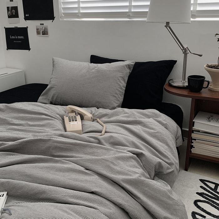 91家纺网 家纺一手货源 找家纺 柚可家居 2024新款40支全棉色织水洗棉单品系列-四件套 细灰横条纹