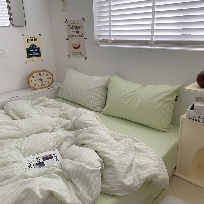 柚可家居 2024新款40支全棉色织水洗棉单品系列-四件套 细绿竖条纹