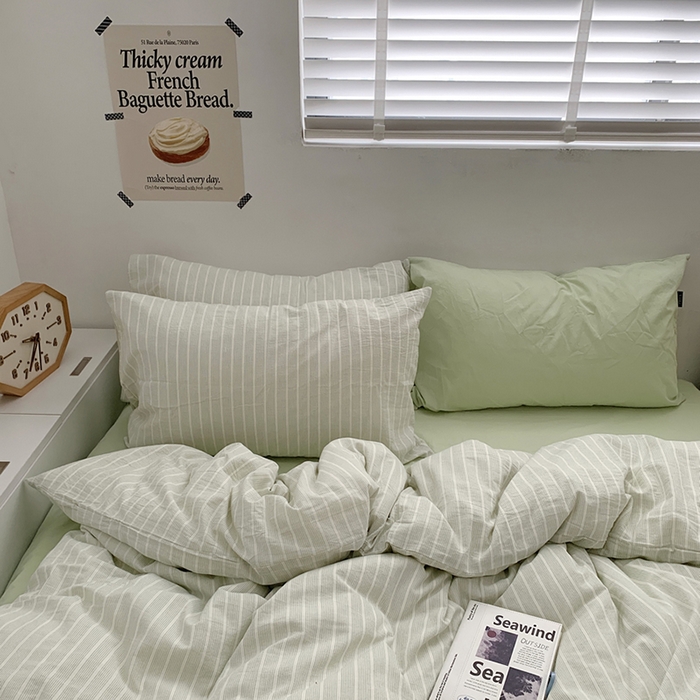 91家纺网 家纺一手货源 找家纺 柚可家居 2024新款40支全棉色织水洗棉单品系列-四件套 细绿竖条纹