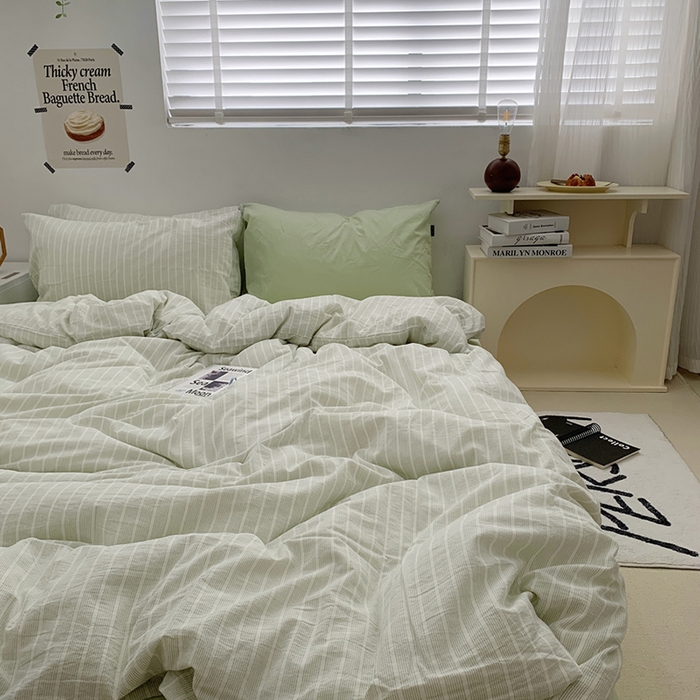 91家纺网 家纺一手货源 找家纺 柚可家居 2024新款40支全棉色织水洗棉单品系列-四件套 细绿竖条纹