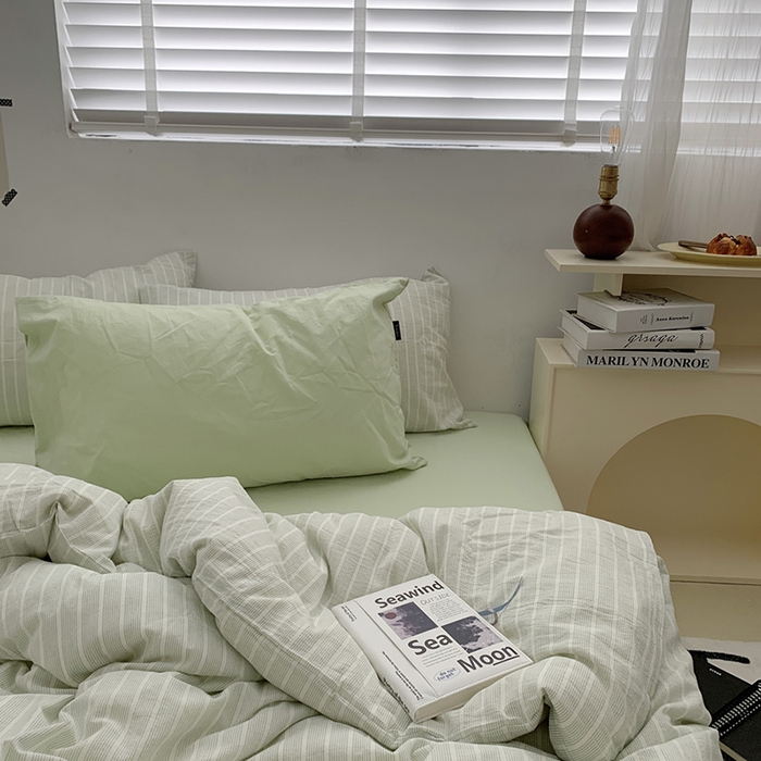 91家纺网 家纺一手货源 找家纺 柚可家居 2024新款40支全棉色织水洗棉单品系列-四件套 细绿竖条纹