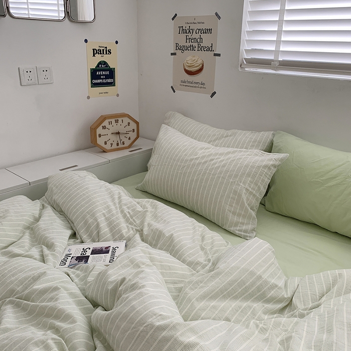 91家纺网 家纺一手货源 找家纺 柚可家居 2024新款40支全棉色织水洗棉单品系列-四件套 细绿竖条纹