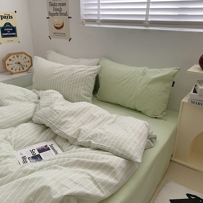 91家纺网 家纺一手货源 找家纺 柚可家居 2024新款40支全棉色织水洗棉单品系列-四件套 细绿竖条纹