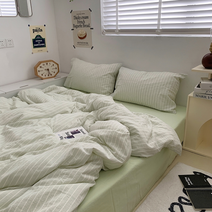 91家纺网 家纺一手货源 找家纺 柚可家居 2024新款40支全棉色织水洗棉单品系列-四件套 细绿竖条纹