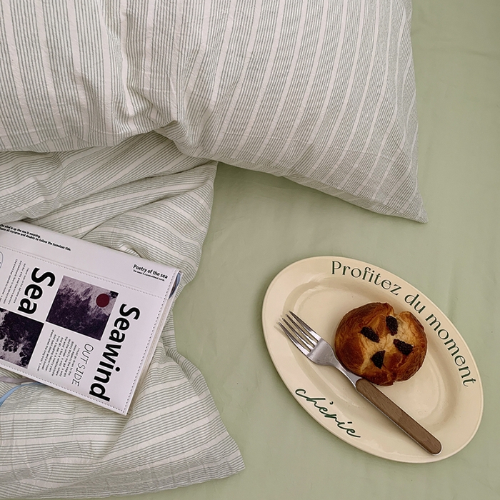 91家纺网 家纺一手货源 找家纺 柚可家居 2024新款40支全棉色织水洗棉单品系列-四件套 细绿竖条纹