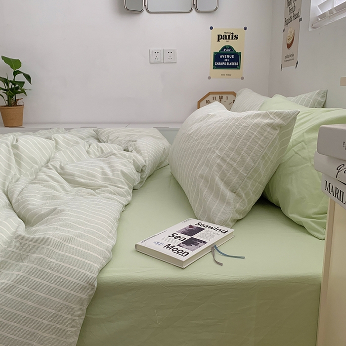 91家纺网 家纺一手货源 找家纺 柚可家居 2024新款40支全棉色织水洗棉单品系列-四件套 细绿竖条纹