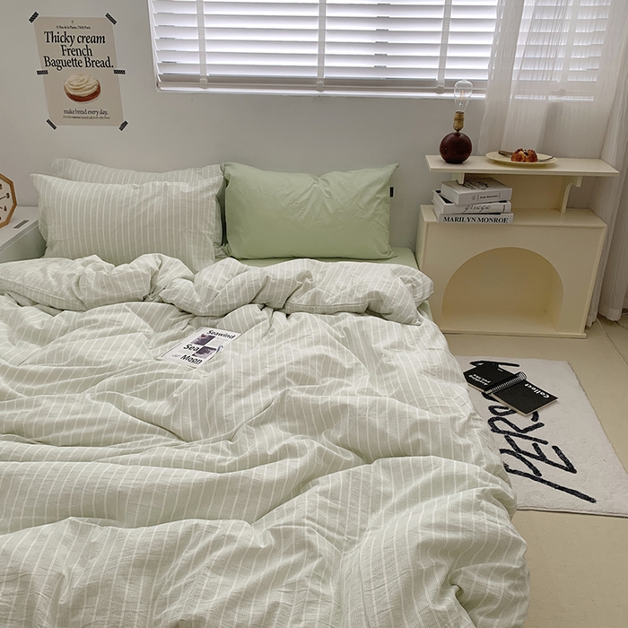 91家纺网 家纺一手货源 找家纺 柚可家居 2024新款40支全棉色织水洗棉单品系列-四件套 细绿竖条纹