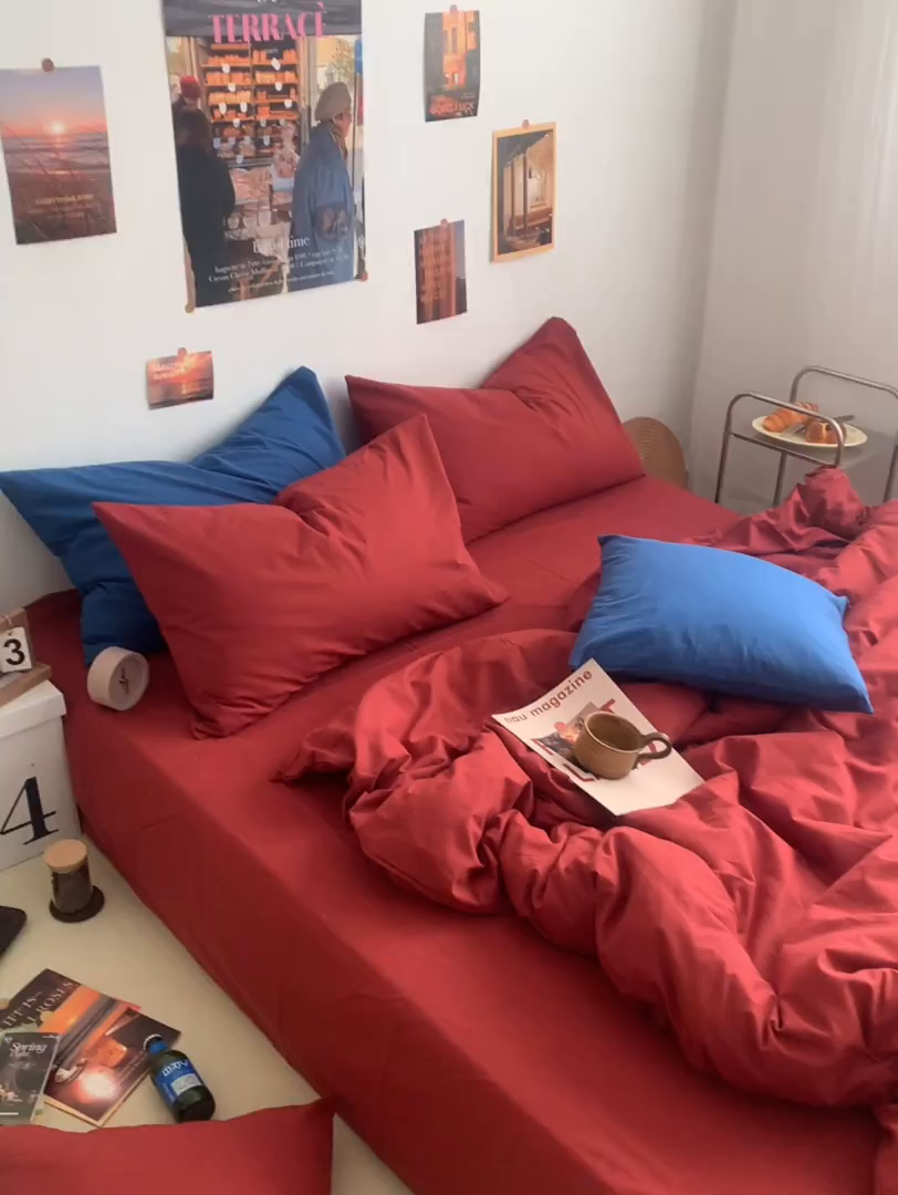 91家纺网 家纺一手货源 找家纺 柚可家居 2024新款40支全棉色织水洗棉单品系列-四件套 树莓红