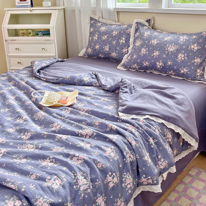 91家纺网 家纺一手货源 找家纺 斯卡诺家纺 2025新款纯棉花边双层纱夏被四件套水洗棉夏被四件套豆蔻