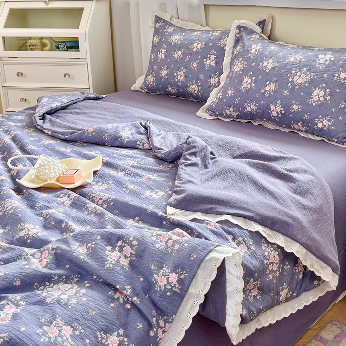 91家纺网 家纺一手货源 找家纺 斯卡诺家纺 2025新款纯棉花边双层纱夏被四件套水洗棉夏被四件套豆蔻