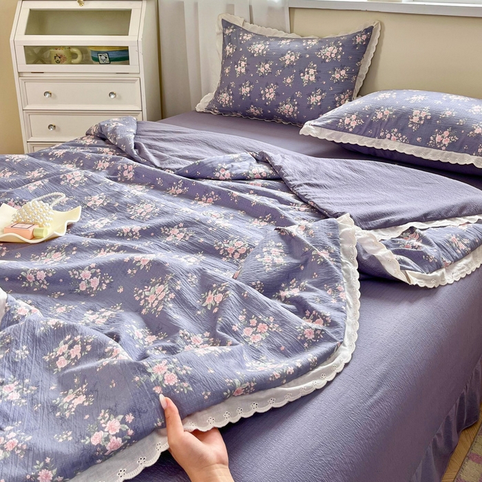 91家纺网 家纺一手货源 找家纺 斯卡诺家纺 2025新款纯棉花边双层纱夏被四件套水洗棉夏被四件套豆蔻