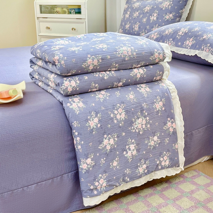 91家纺网 家纺一手货源 找家纺 斯卡诺家纺 2025新款纯棉花边双层纱夏被四件套水洗棉夏被四件套豆蔻