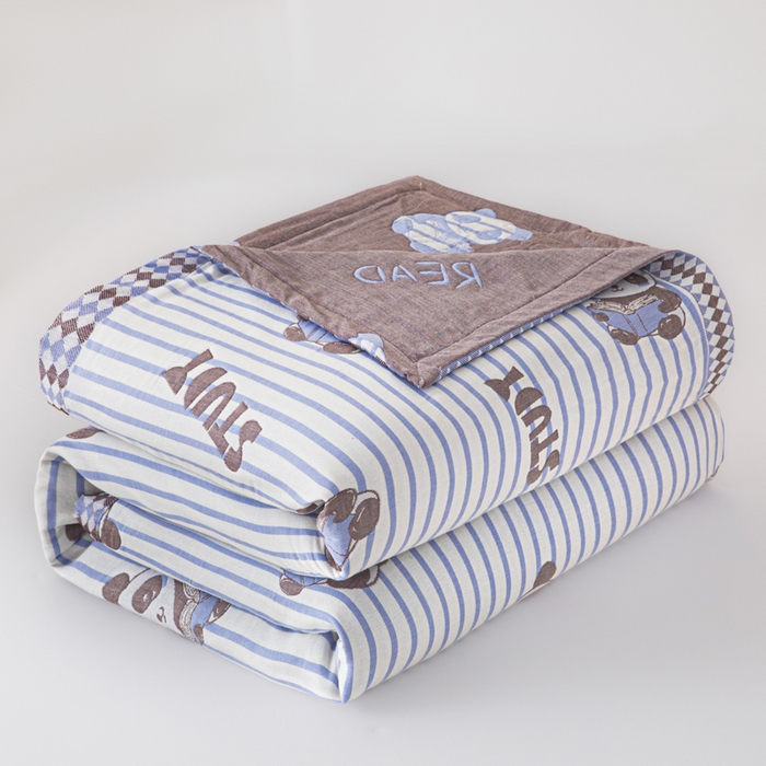 91家纺网 家纺一手货源 找家纺 悦然毛巾被 2025新款八层纱布盖毯毛巾被夏被夏凉被空调被 趣味彩条蓝