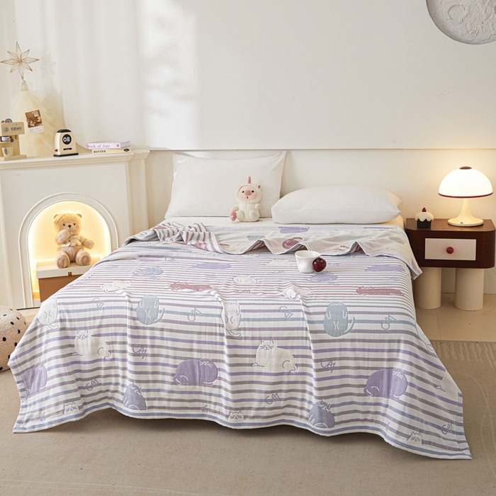 91家纺网 家纺一手货源 找家纺 悦然毛巾被 2025新款八层纱布盖毯毛巾被夏被夏凉被空调被 彩虹猫粉