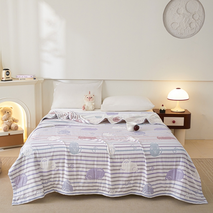 91家纺网 家纺一手货源 找家纺 悦然毛巾被 2025新款八层纱布盖毯毛巾被夏被夏凉被空调被 彩虹猫粉