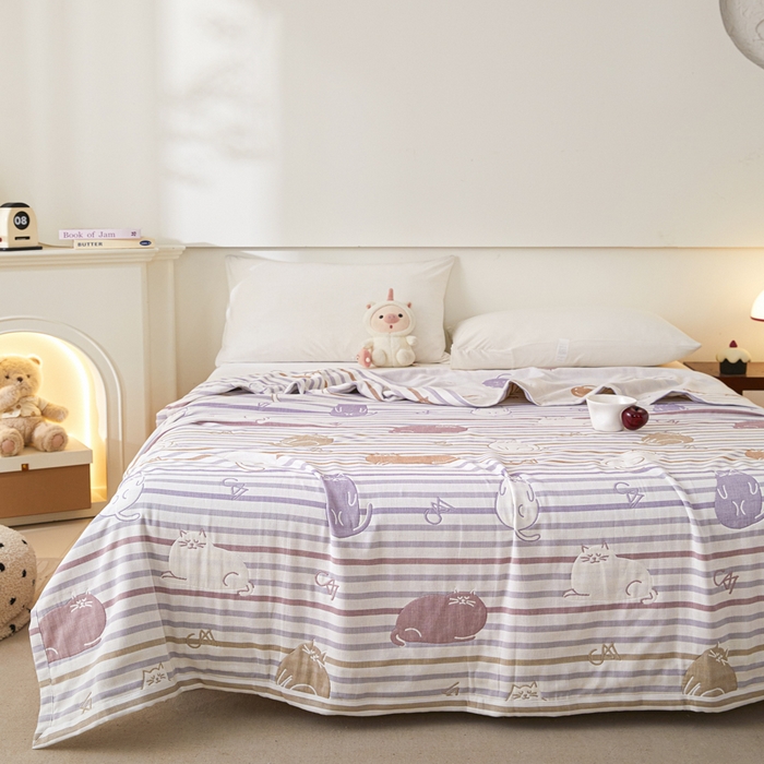 91家纺网 家纺一手货源 找家纺 悦然毛巾被 2025新款八层纱布盖毯毛巾被夏被夏凉被空调被 彩虹猫咖