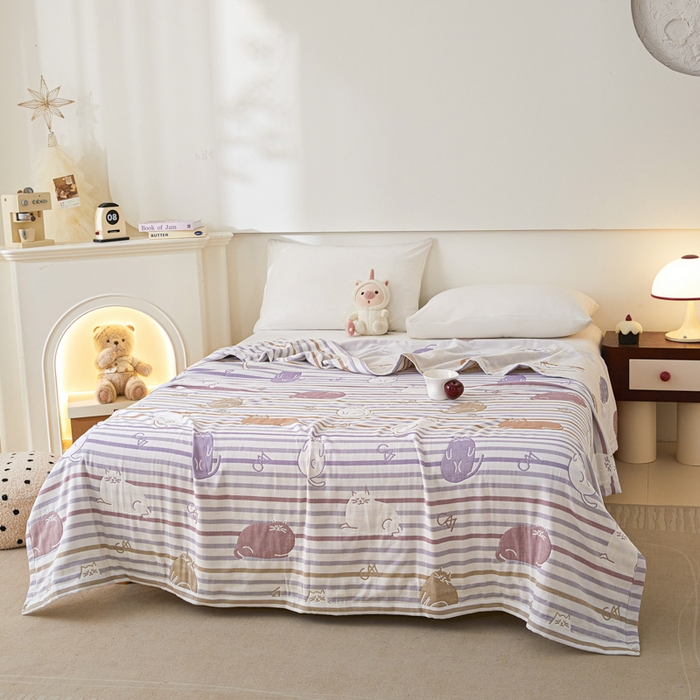 91家纺网 家纺一手货源 找家纺 悦然毛巾被 2025新款八层纱布盖毯毛巾被夏被夏凉被空调被 彩虹猫咖